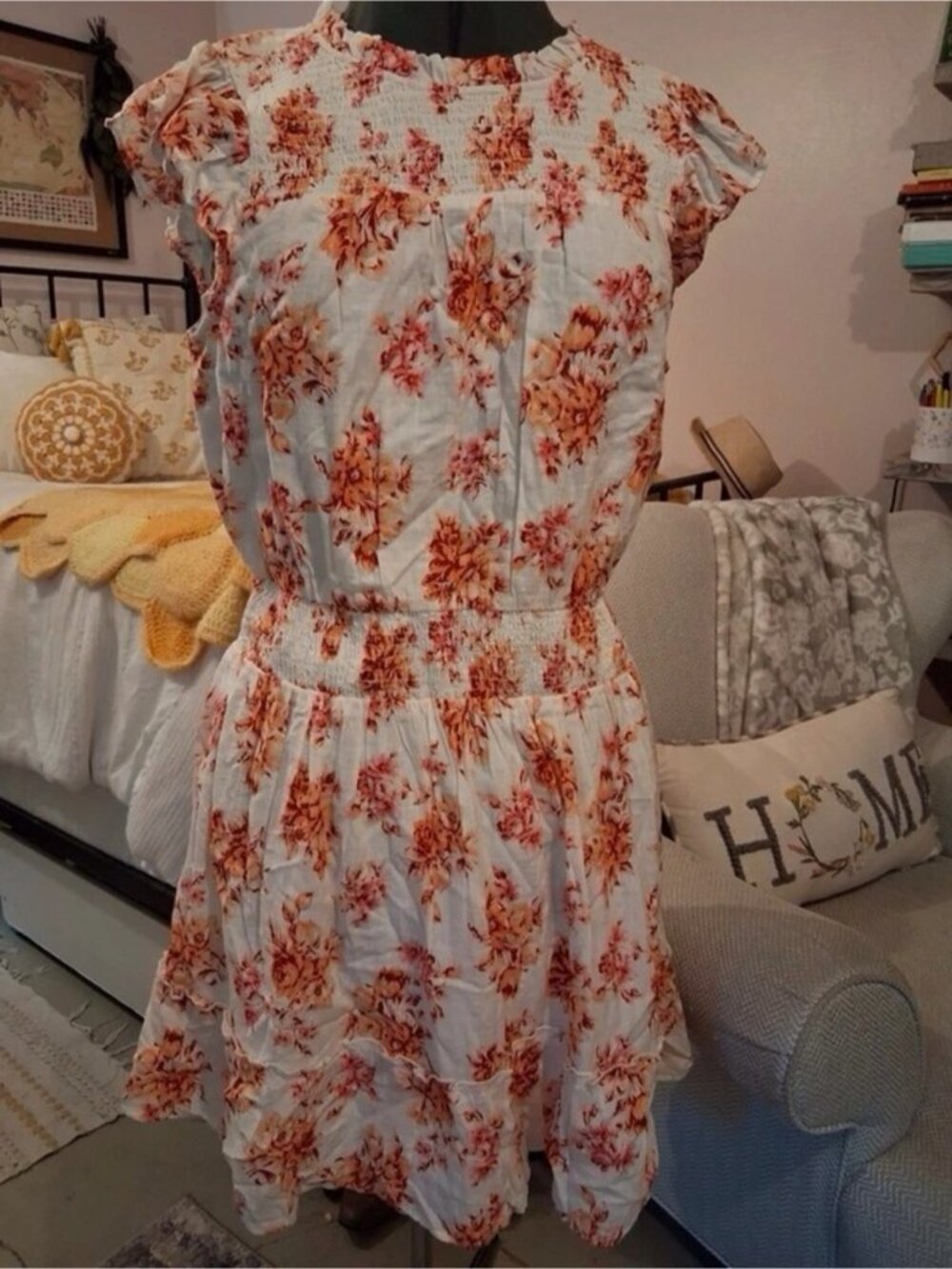 White Floral Smocked Waist Summer Dress